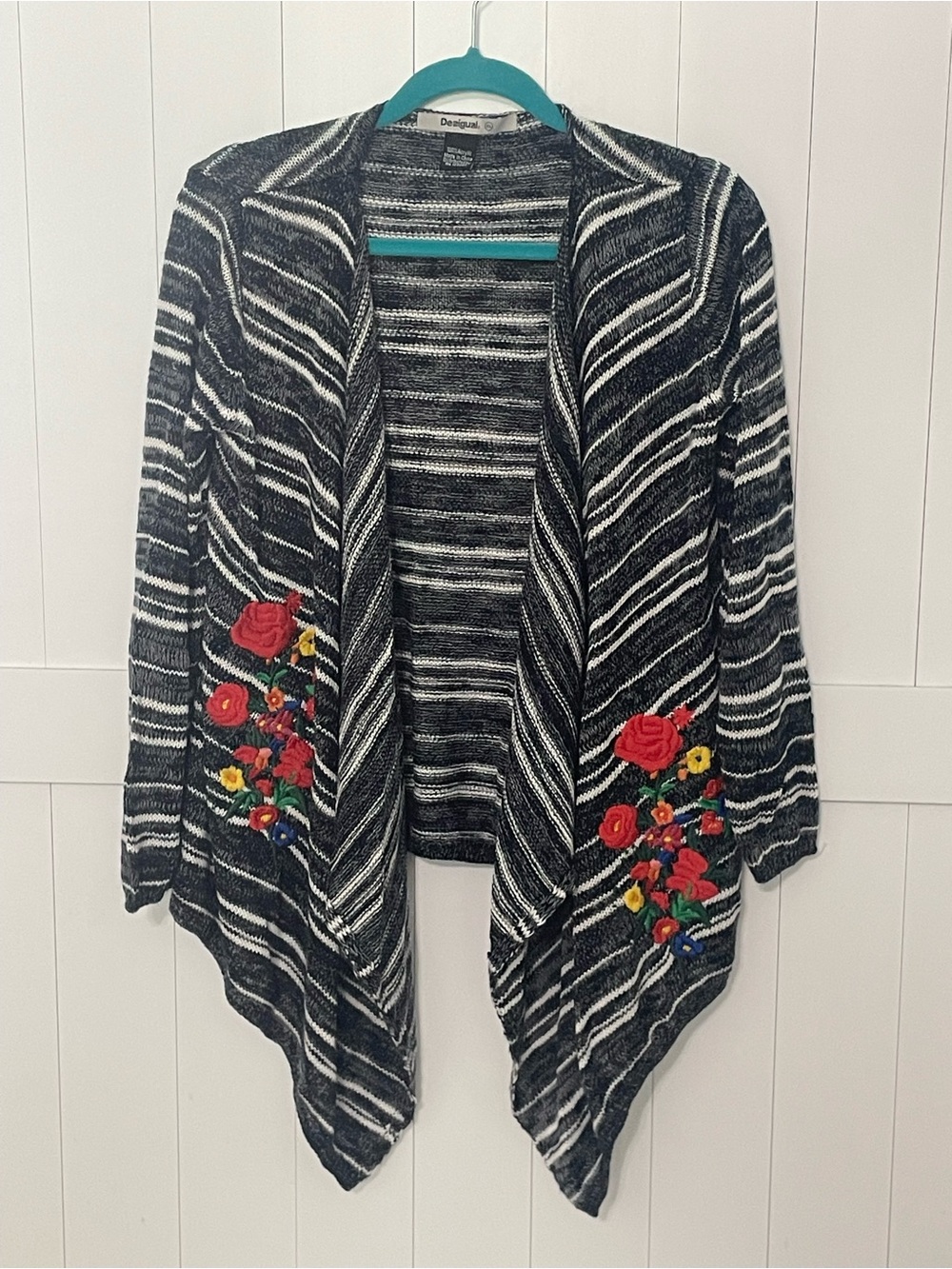 Desigual Black and White Striped Open Cardigan with Red Floral Embroidery